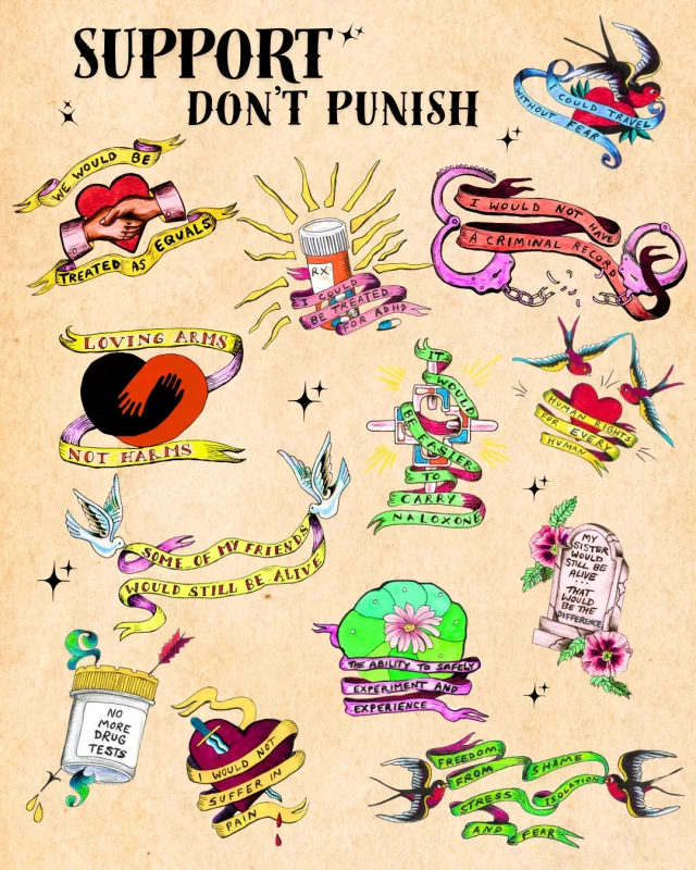 We asked our communities, "how would your life change if people who used drugs weren’t punished?” and received over 70 heartfelt responses. Then our talented peer artist Emily Ebdon turned these insights into impactful illustrations. A huge thank you to all the members of our community who shared their thoughts, feelings, and opinions in response to the question. And special thanks to all the members of the National Communications Network who made it all happen. #SupportDontPunishAus #SupportDontPunish @harmreductionvictoria @ntahc @quihn_ltd @quivaa_qld @pbhr.wa